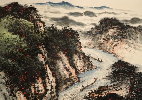 日本東競株式會(huì)社關(guān)山月黎雄才合作山水立軸