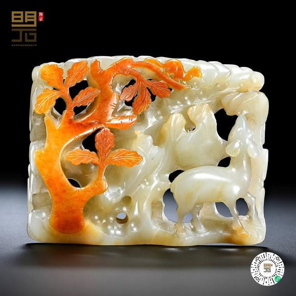 北京明石拍賣有限公司明 白玉留皮巧雕秋山圖帶飾