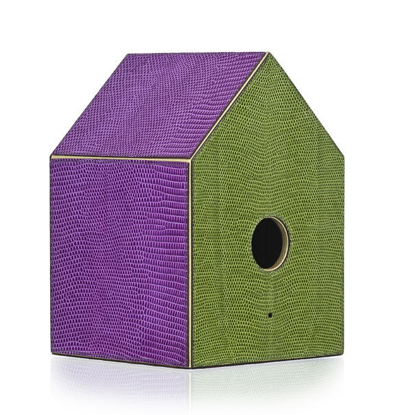 Piguet - H?tel des VentesHermès, bo?te à mouchoirs en forme de nichoir, gainé de lézard Varan vert et violet, commande spéciale, 20,5x14x14 cm