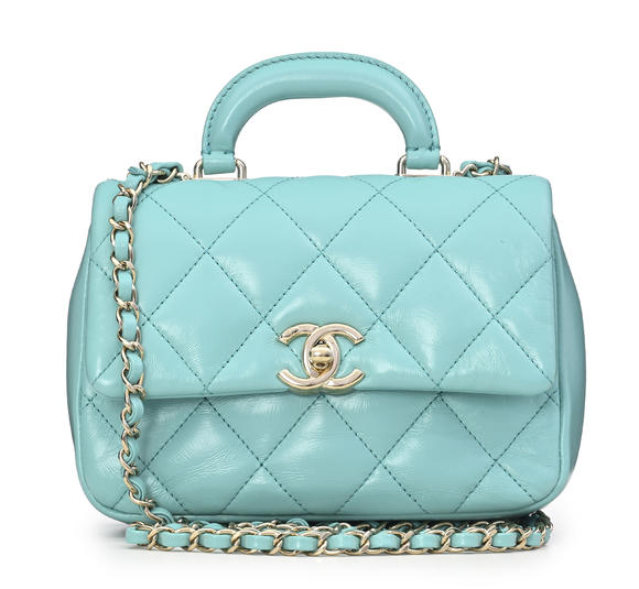 Piguet - H?tel des VentesChanel, sac à rabat Mini Coco Trip en cuir d'agneau turquoise brillant, housse, 14x18 cm