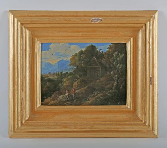 TooveysManner of Gaspard Dughet (Poussin) - Figures in an extensive landsca