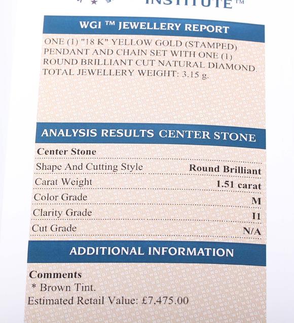 TooveysAn 18ct gold and diamond single stone pendant, claw set with a circu