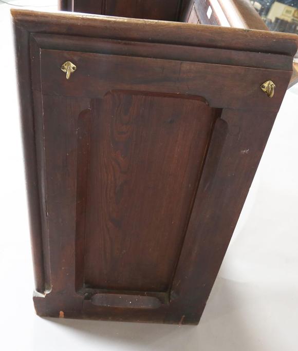 TooveysA late Victorian pitch pine cut-down pew with arched panel ends, hei