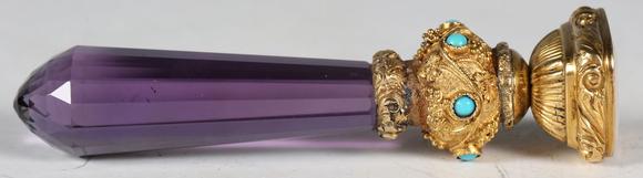 TooveysAn early 19th century gold mounted, amethyst, turquoise and chalcedo