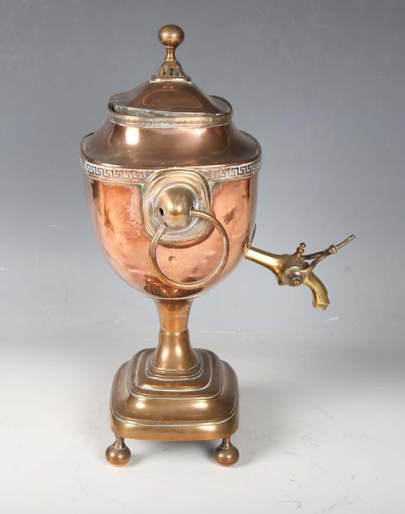 TooveysA Regency copper samovar with Greek key border and ring handles, hei