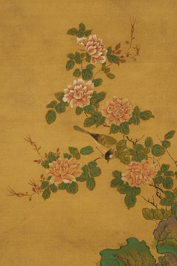 京都祇園會拍賣沈銓 花鳥圖 絹本掛軸 日本朱漆手書箱附 日本古裂裝裱 鷹見游山舊藏 出版著錄附