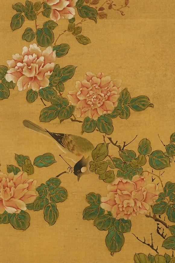 京都祇園會拍賣沈銓 花鳥圖 絹本掛軸 日本朱漆手書箱附 日本古裂裝裱 鷹見游山舊藏 出版著錄附