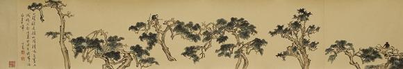京都祇園會拍賣溥儒 松猿圖 紙本手卷 日本桐箱附