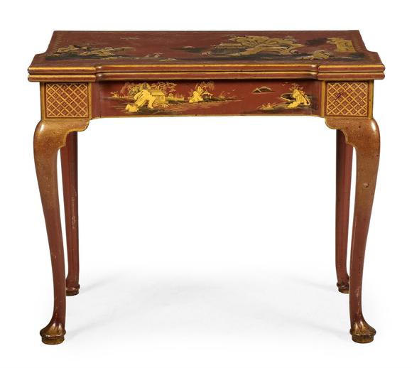 DreweattsA FINE GEORGE II SCARLET LACQUER AND GILT JAPANNED FOLDING CARD TABLE, CIRCA 1730