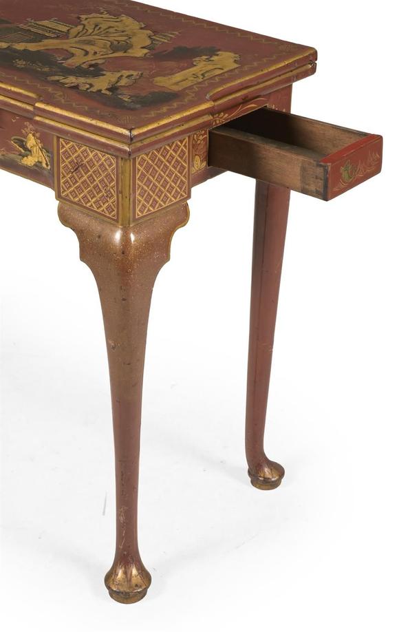 DreweattsA FINE GEORGE II SCARLET LACQUER AND GILT JAPANNED FOLDING CARD TABLE, CIRCA 1730