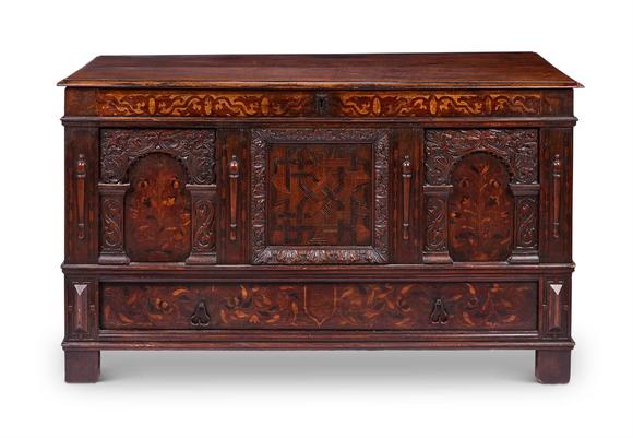 DreweattsA CARVED OAK, FRUITWOOD AND MARQUETRY CHEST OR CASSONE, 17TH CENTURY