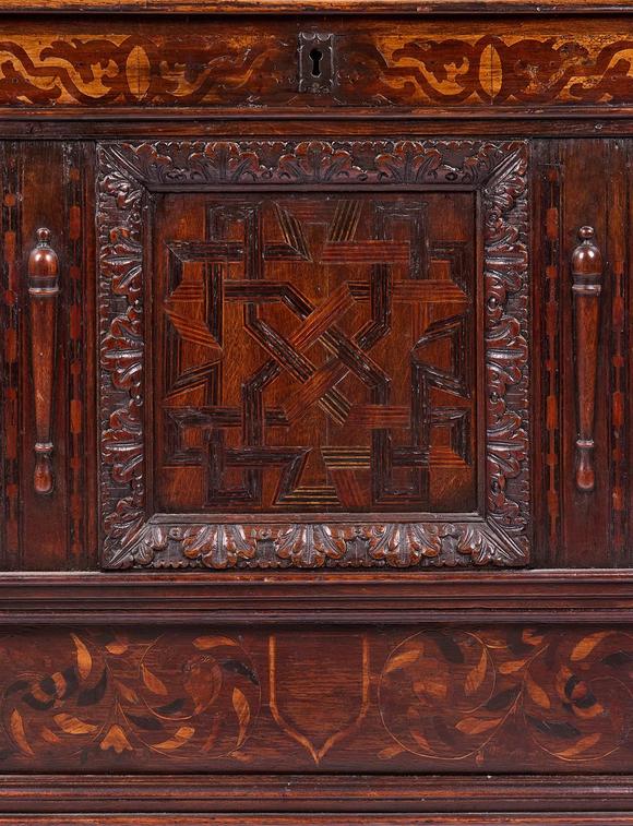 DreweattsA CARVED OAK, FRUITWOOD AND MARQUETRY CHEST OR CASSONE, 17TH CENTURY