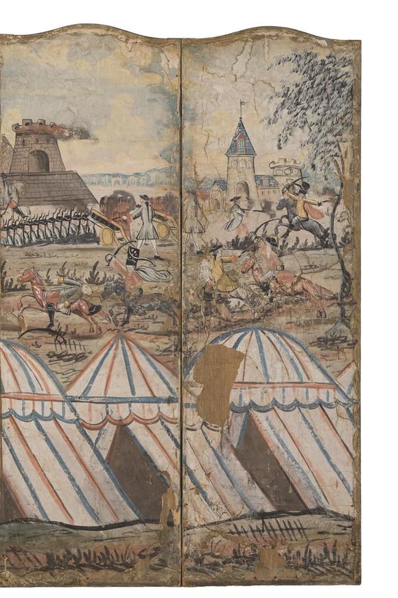 DreweattsA CONTINENTAL POLYCHROME PAINTED SEVEN FOLD ROOM SCREEN OF A BATTLEGROUND, 18TH CENTURY
