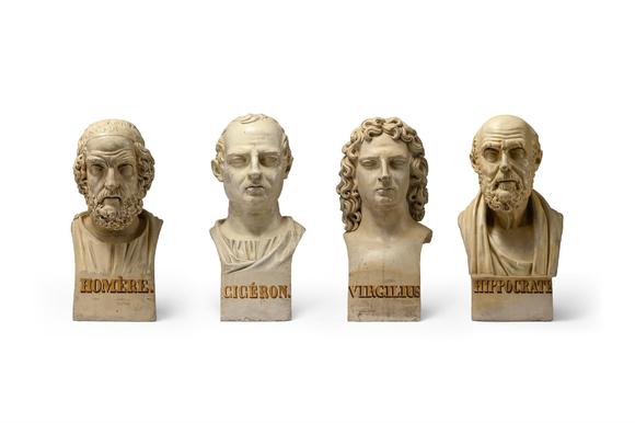 DreweattsA SET OF FOUR LARGE TERRACOTTA LIBRARY BUSTS OF HIPPOCRATES, HOMER, VIRGIL AND CICERO