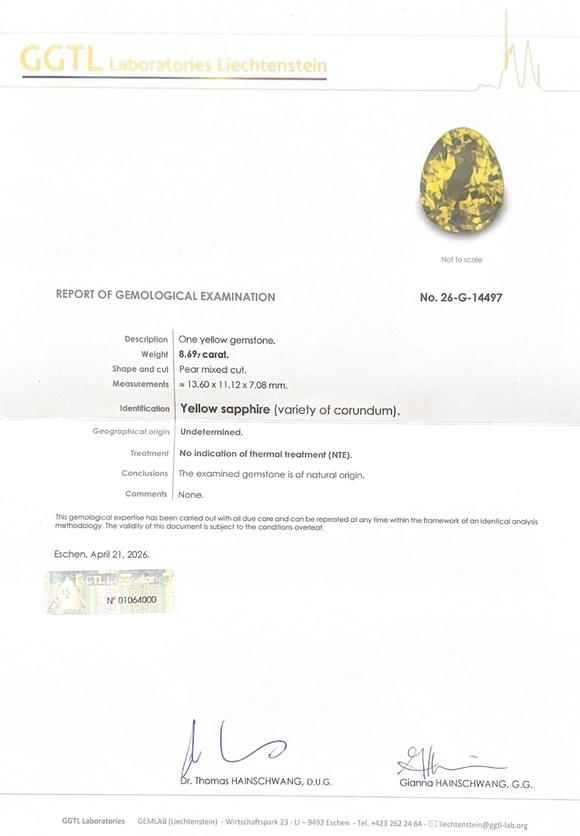 Piguet - H?tel des VentesPendentif or gris 750 serti d'un saphir jaune de 8.69 carats, non chauffé, surmonté d'un diamant, rapport GGTL