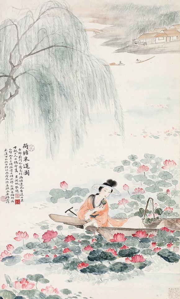 上海工美吳湖帆、朱梅邨、徐偉士、徐玥、吳孟歐 合作 荷塘采蓮圖