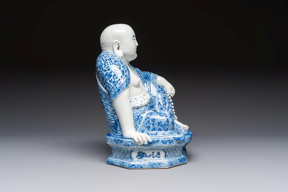 Rob Michiels AuctionsA fine Chinese blue and white Milefo Buddha on a wooden stand, Wei Hongtai Zao 魏洪泰造 mark, Republic