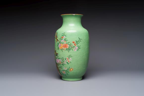 Rob Michiels AuctionsA Chinese famille rose sgraffiato lime-green-ground 'Birds among Flowering Branches' vase, Qianlong mark, 19th C.