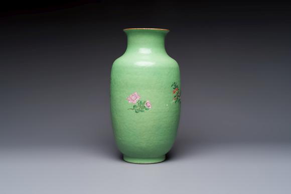 Rob Michiels AuctionsA Chinese famille rose sgraffiato lime-green-ground 'Birds among Flowering Branches' vase, Qianlong mark, 19th C.