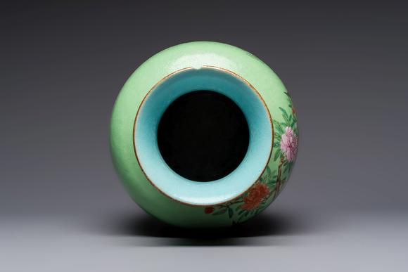 Rob Michiels AuctionsA Chinese famille rose sgraffiato lime-green-ground 'Birds among Flowering Branches' vase, Qianlong mark, 19th C.