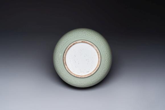 Rob Michiels AuctionsA Chinese celadon-glazed bowl with incised chilong among floral scrolls, Kangxi
