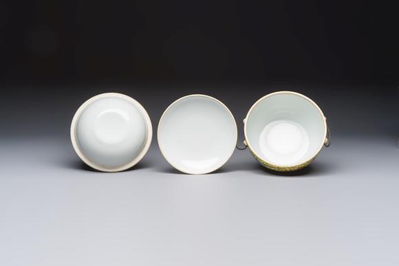 Rob Michiels AuctionsA pair of Chinese famille rose yellow-ground 'Dragon and Phoenix' covered warming bowls and a bowl, Tongzhi marks, 19th C.