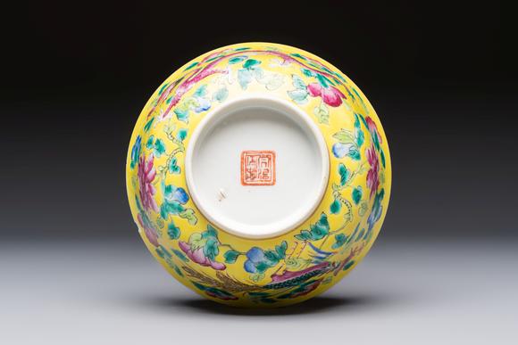 Rob Michiels AuctionsA pair of Chinese famille rose yellow-ground 'Dragon and Phoenix' covered warming bowls and a bowl, Tongzhi marks, 19th C.