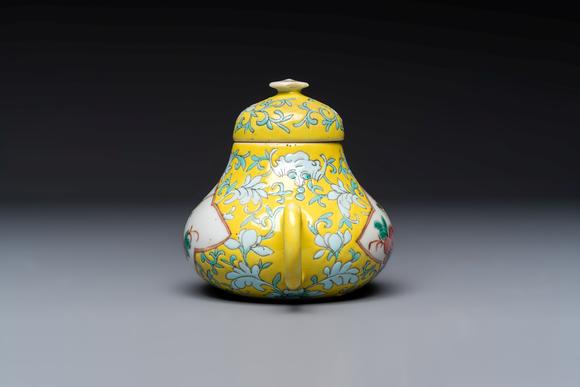 Rob Michiels AuctionsThree Chinese famille rose blue- and yellow-ground teapots and covers for the Straits or Peranakan market, Tongzhi marks, 19th C.