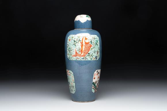 Rob Michiels AuctionsA Chinese famille verte powder-blue-ground 'Fish and Bird' vase and cover, 19th C.
