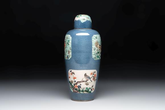 Rob Michiels AuctionsA Chinese famille verte powder-blue-ground 'Fish and Bird' vase and cover, 19th C.