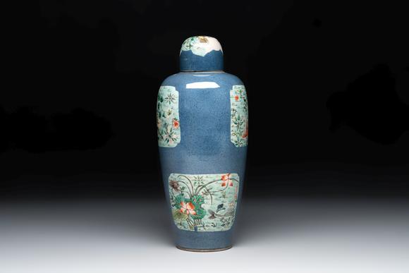 Rob Michiels AuctionsA Chinese famille verte powder-blue-ground 'Fish and Bird' vase and cover, 19th C.