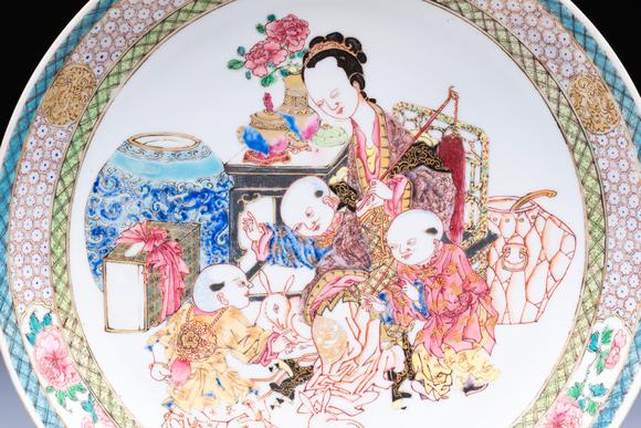 Rob Michiels AuctionsA fine Chinese famille rose eggshell plate with a lady and playing boys, Yongzheng