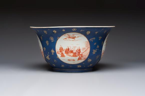 Rob Michiels AuctionsA large Chinese iron-red and gilt-decorated powder-blue-ground bowl with narrative design, 19th C.