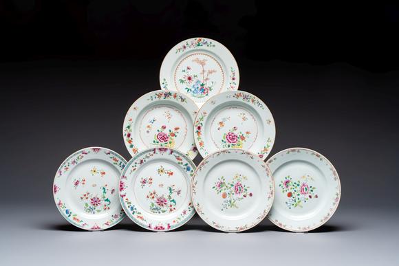 Rob Michiels AuctionsSeven Chinese famille rose plates with floral design, Qianlong
