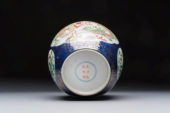 Rob Michiels AuctionsA Chinese famille verte gilt-decorated blue-ground 'Dragon and Phoenix' vase, Kangxi mark, 19th C.
