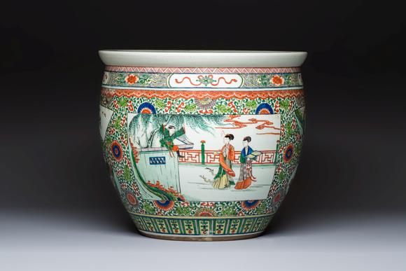 Rob Michiels AuctionsA Chinese famille verte 'Zhu Lin Qi Xian 竹林七賢' and 'Xi Xiang Ji' fish bowl or jardinière, 19th C.