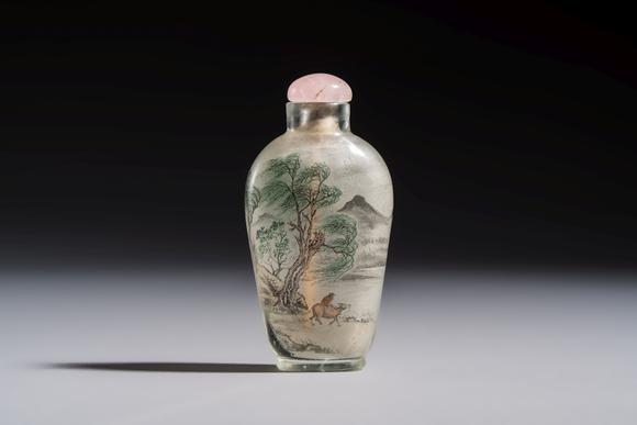 Rob Michiels AuctionsA Chinese inside-painted glass snuff bottle with two men wearing straw raincoats, dated 1911