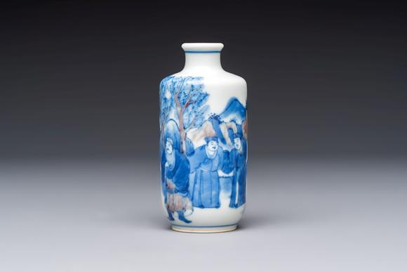 Rob Michiels AuctionsA Chinese blue, white and copper-red snuff bottle with narrative design, 19th C.