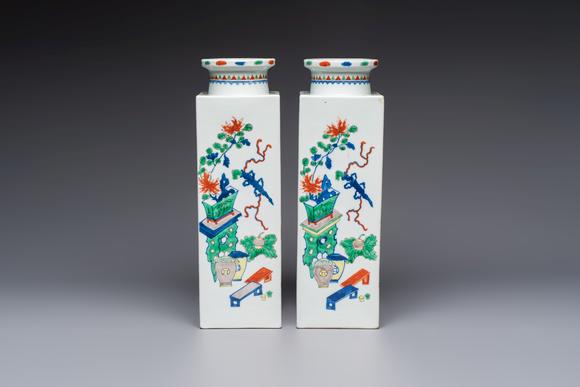 Rob Michiels AuctionsA pair of Chinese famille verte 'Antiquities' square vases, 19th C.
