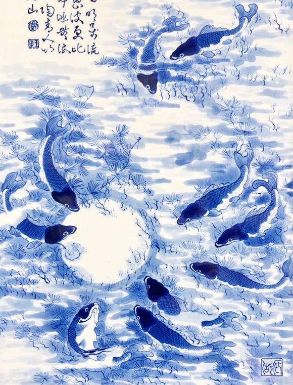 You Need王步 青花國(guó)畫(huà)魚(yú)藻圖瓷板 