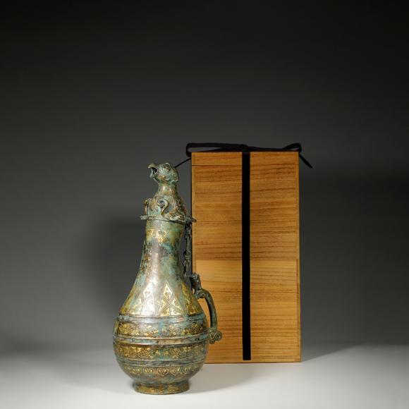 東京銀座（古美術宋磁）戰(zhàn)國 銅錯金鳥蓋壺