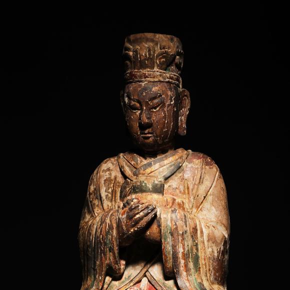 東京銀座（古美術(shù)宋磁）明 木雕加彩天官像  京都古董商舊藏