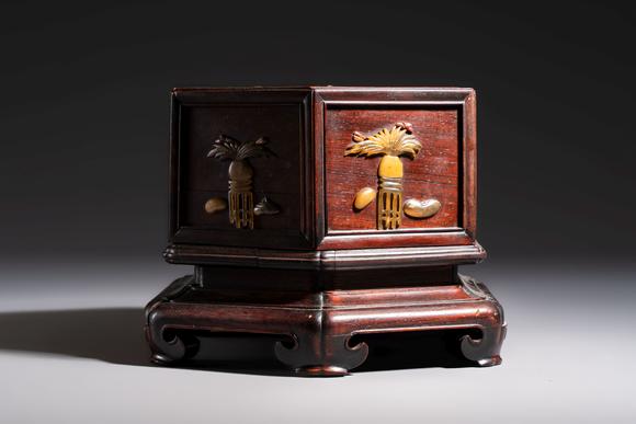Rob Michiels AuctionsA Chinese soapstone-embellished hongmu 'Antiquities' box and cover, 19th C.