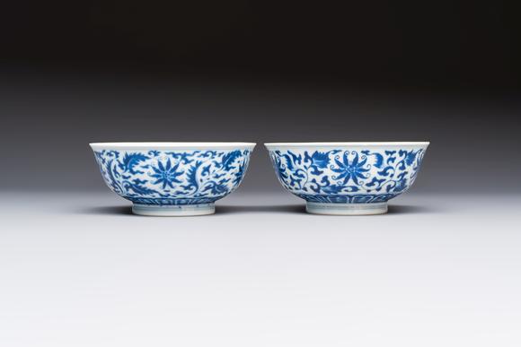 Rob Michiels AuctionsA pair of Chinese blue and white 'lotus scroll' bowls, Yongzheng mark and of the period