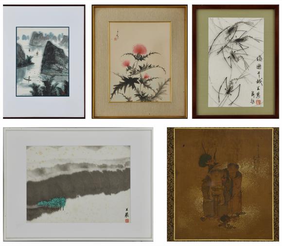 東京中央王農(nóng)（1926-2013） 墨蝦圖、碧濤圖、潘國光（1942-） 桂林山水等繪畫五件