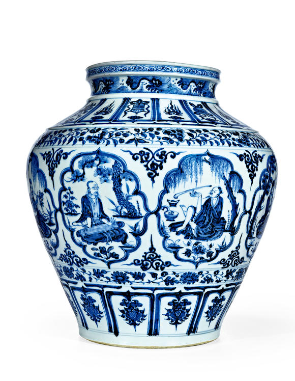 中古陶元 青花《八賢共隱》八開光闊口大罐