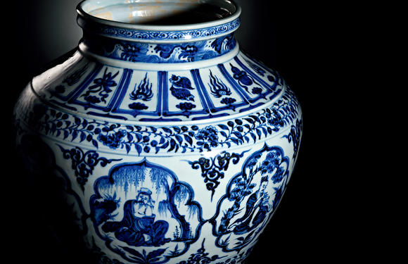 中古陶元 青花《八賢共隱》八開光闊口大罐