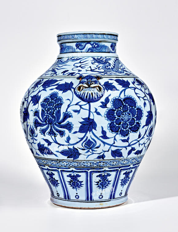 中古陶元 青花游龍牡丹紋大罐
