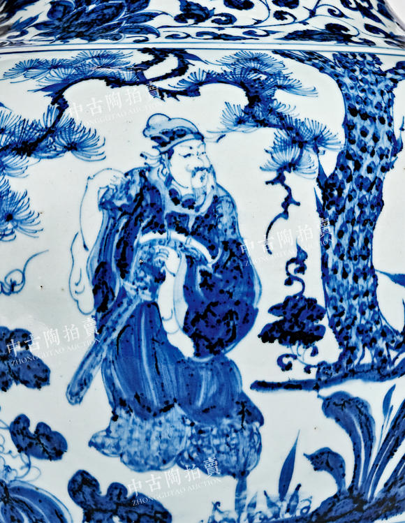 中古陶元 青花《薛仁貴重逢柳迎春》鋪首人物故事紋大罐