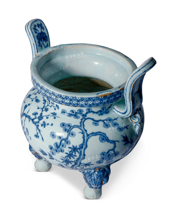 中古陶明永樂 青花松竹梅紋三獸足香爐
